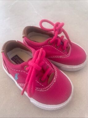 Ralph Lauren Hot Pink Canvas Baby Sneakers with Blue Pony